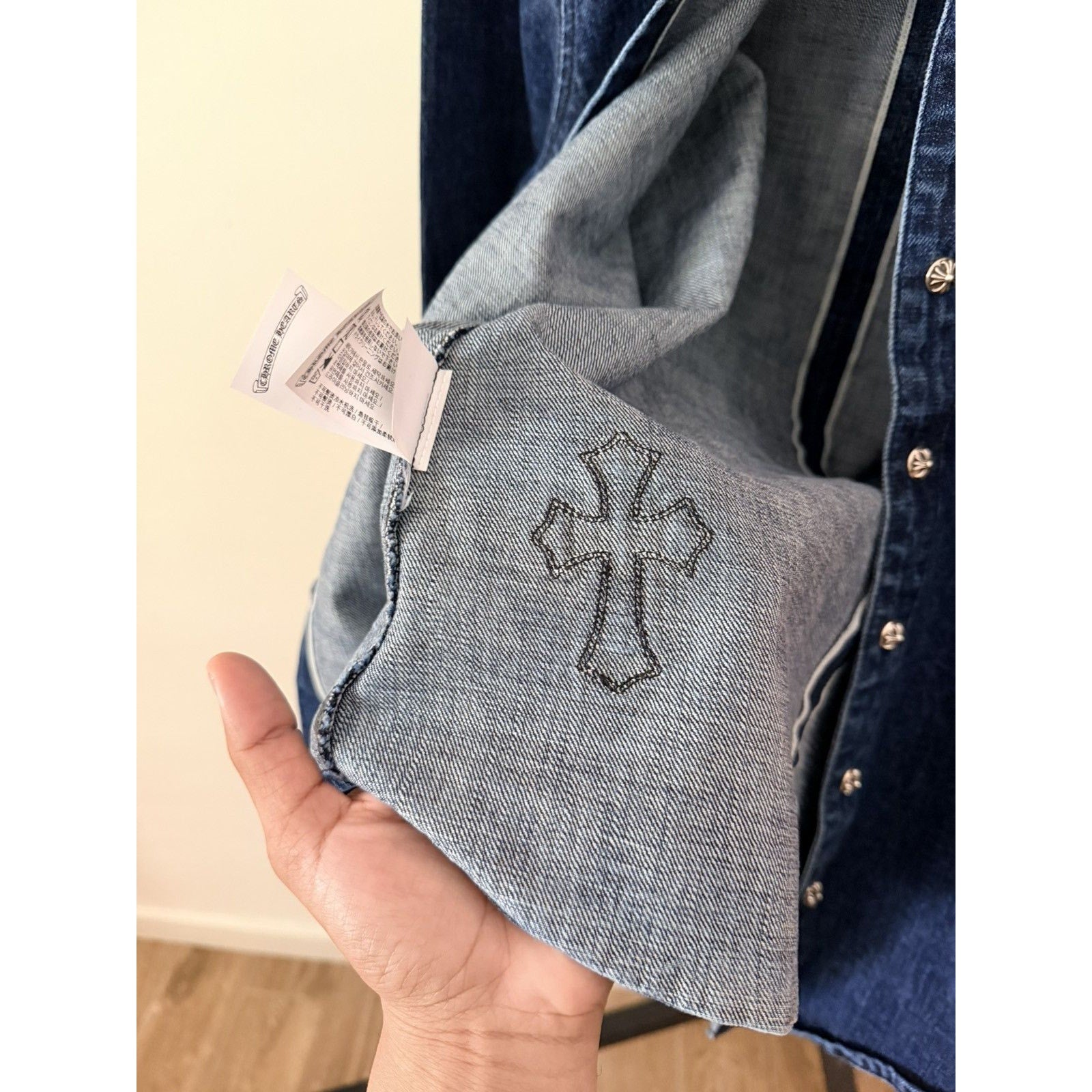 Chrome Heart Embroidered Denim Cross Patch Denim Button Up M