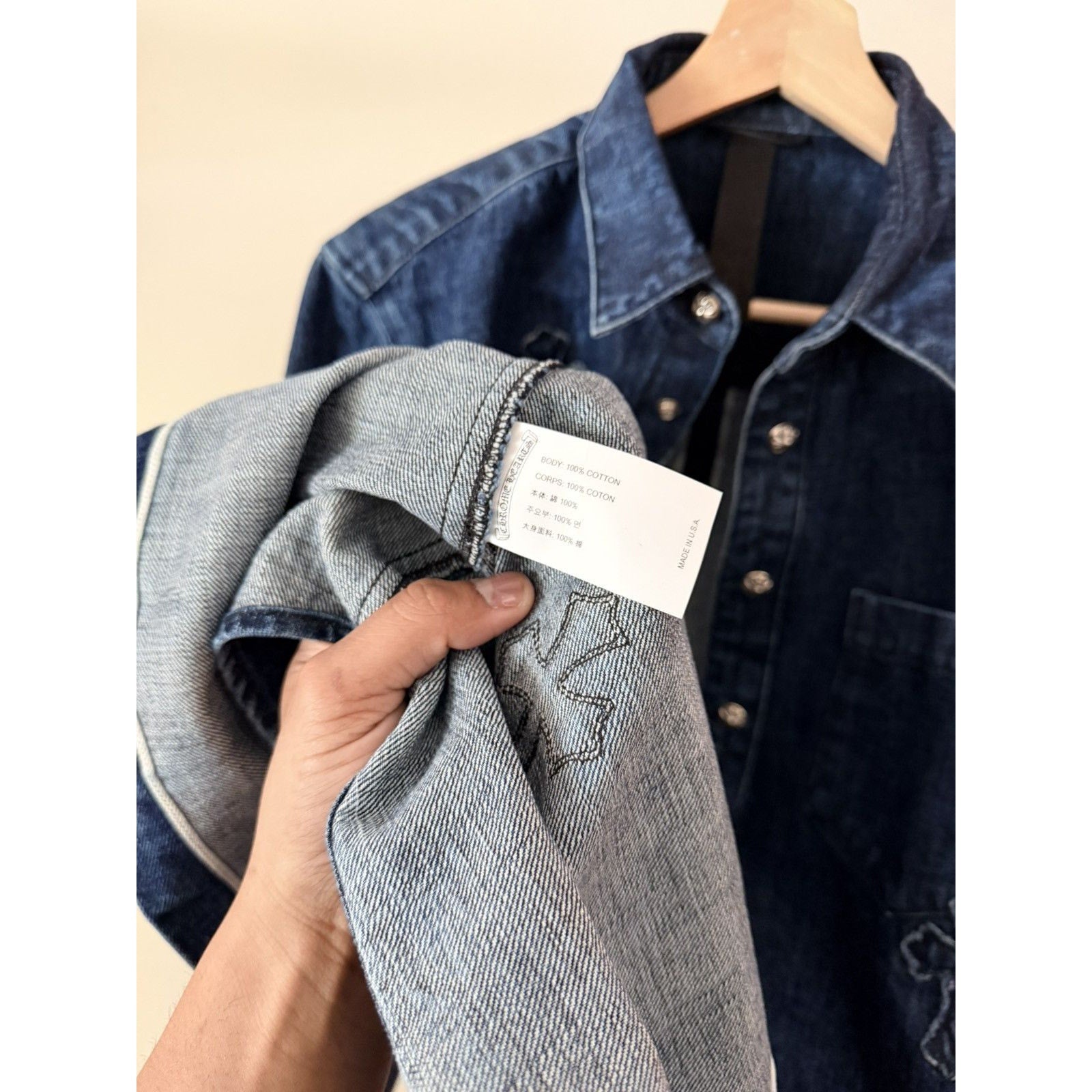 Chrome Heart Embroidered Denim Cross Patch Denim Button Up M