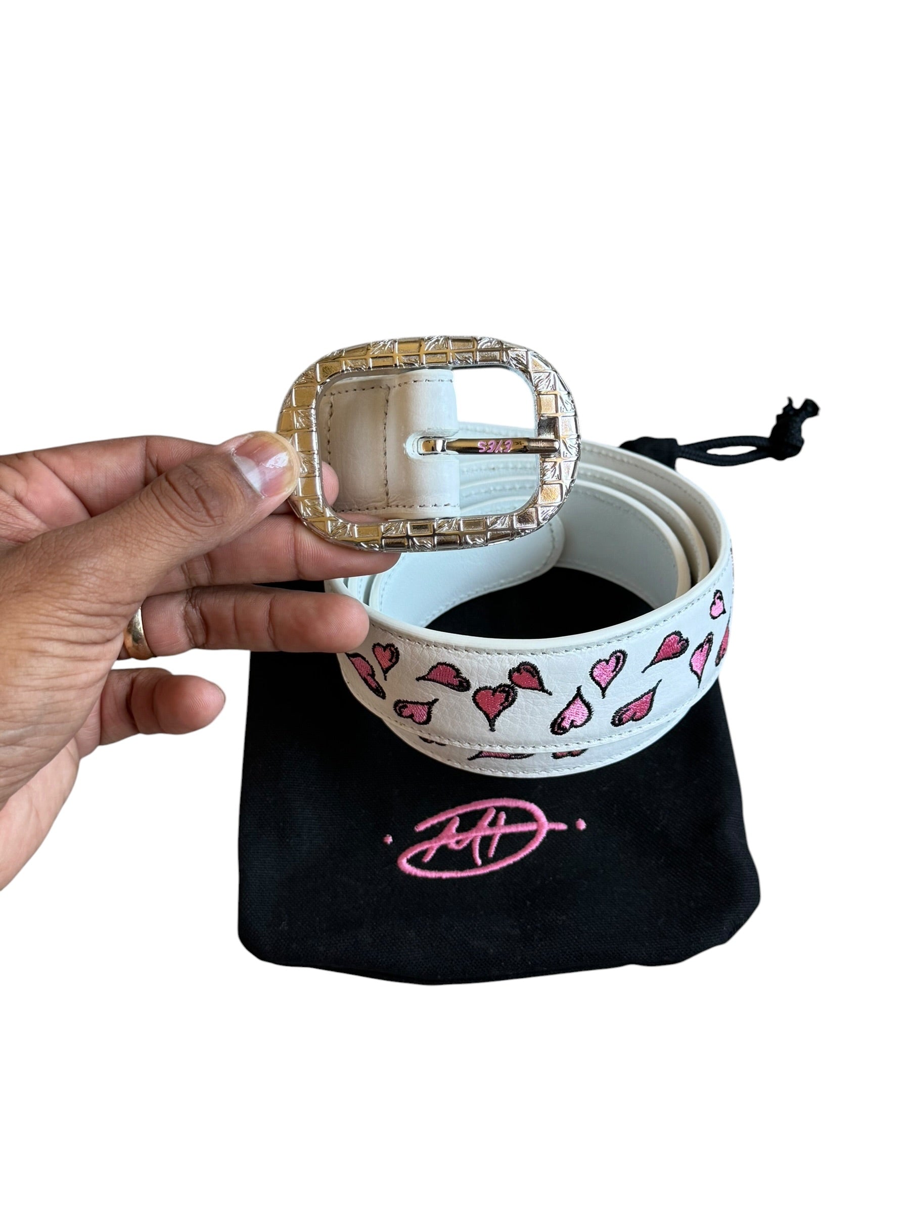 Matty Boy White And Pink Heart Leather Belt