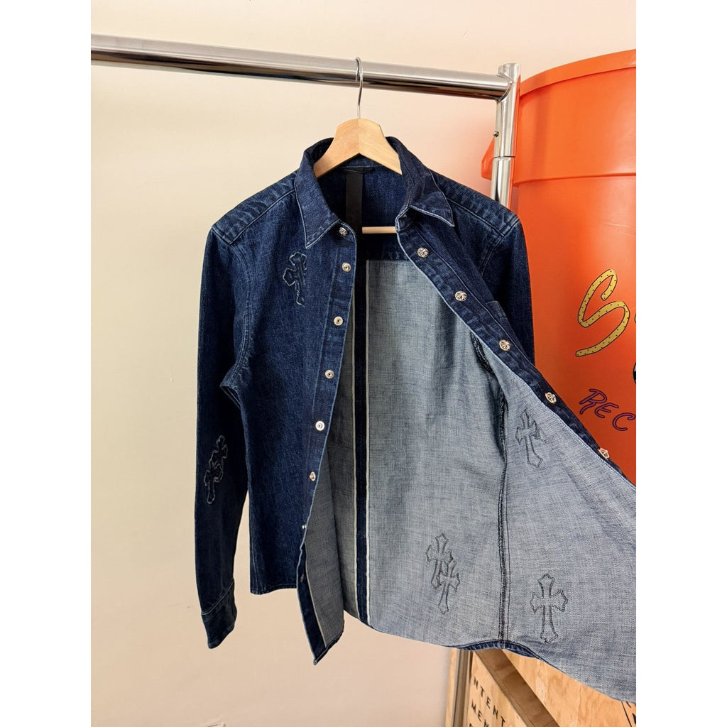Chrome Heart Embroidered Denim Cross Patch Denim Button Up M