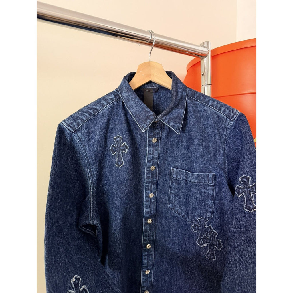 Chrome Heart Embroidered Denim Cross Patch Denim Button Up M