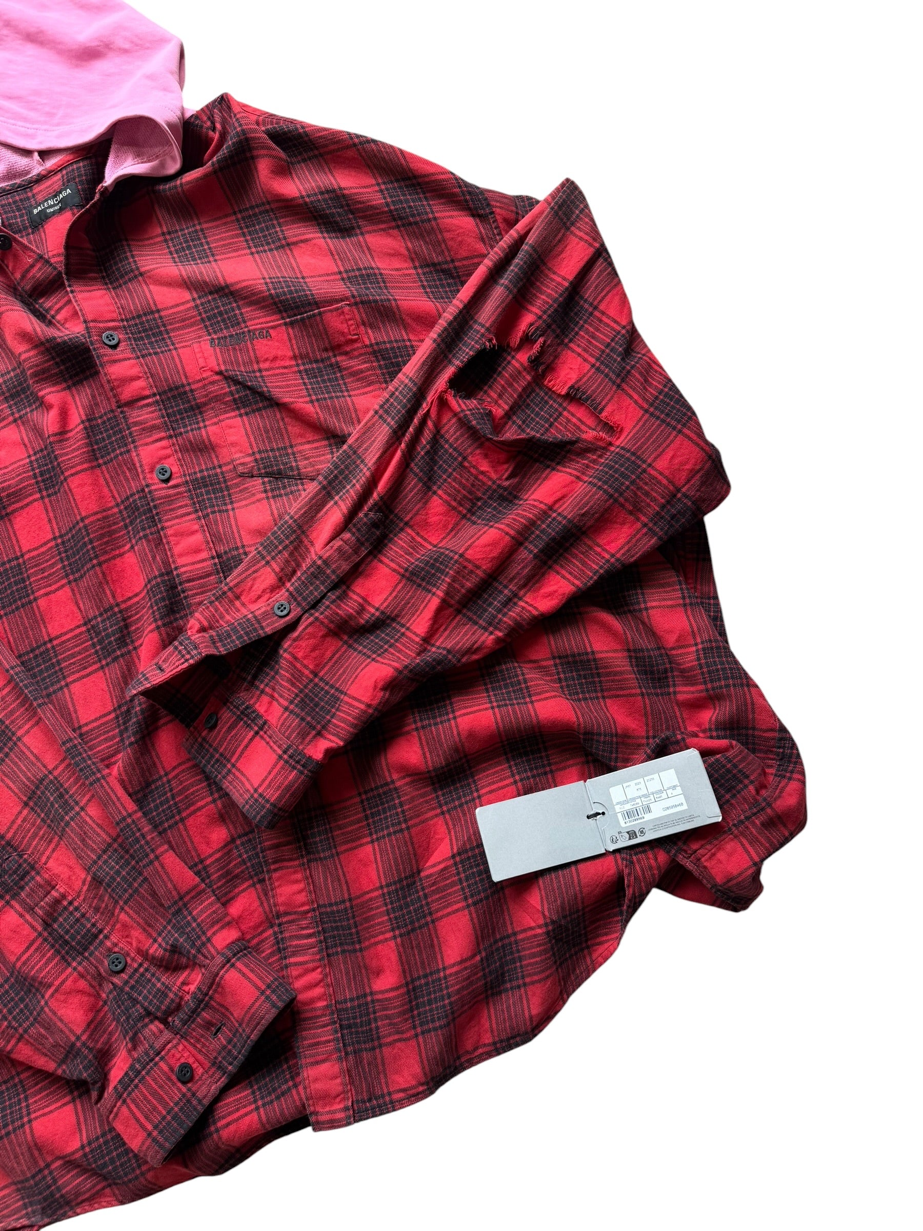Balenciaga Runway Distressed Pink Hooded Flannel
