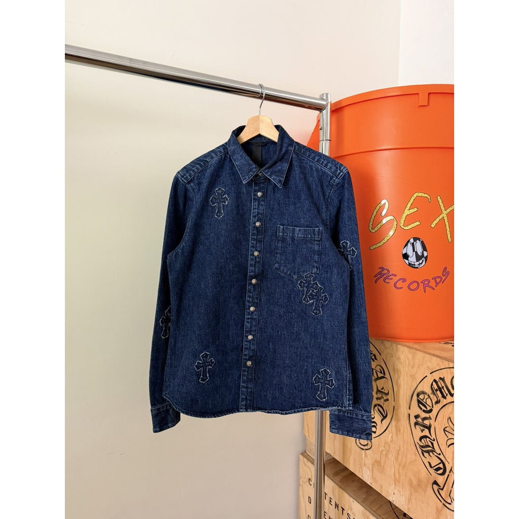 Chrome Heart Embroidered Denim Cross Patch Denim Button Up M