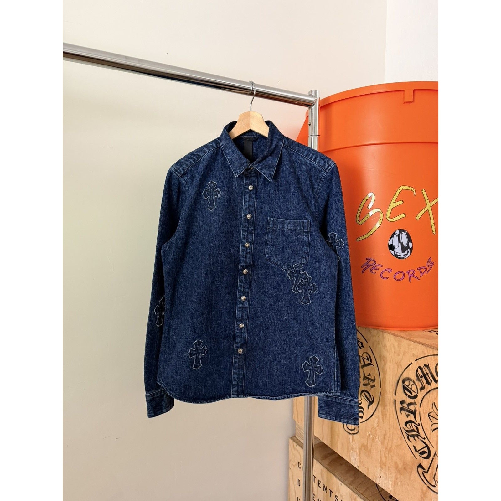 Chrome Heart Embroidered Denim Cross Patch Denim Button Up M