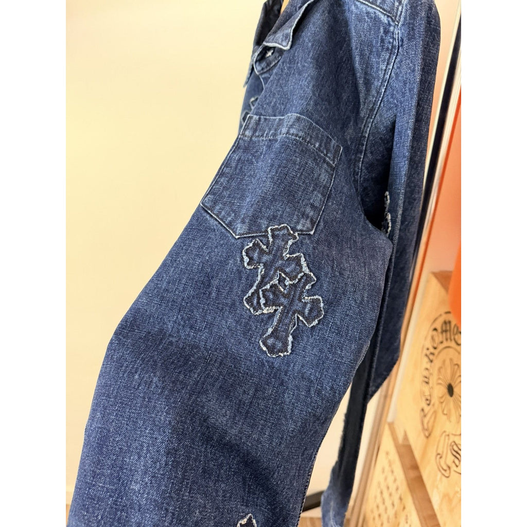 Chrome Heart Embroidered Denim Cross Patch Denim Button Up M