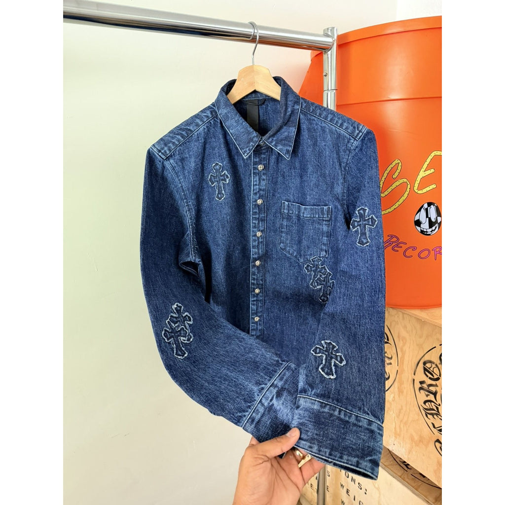 Chrome Heart Embroidered Denim Cross Patch Denim Button Up M