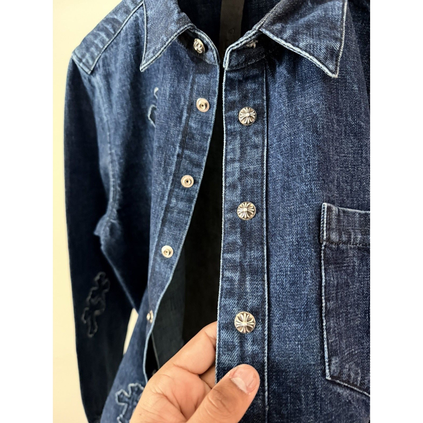 Chrome Heart Embroidered Denim Cross Patch Denim Button Up M