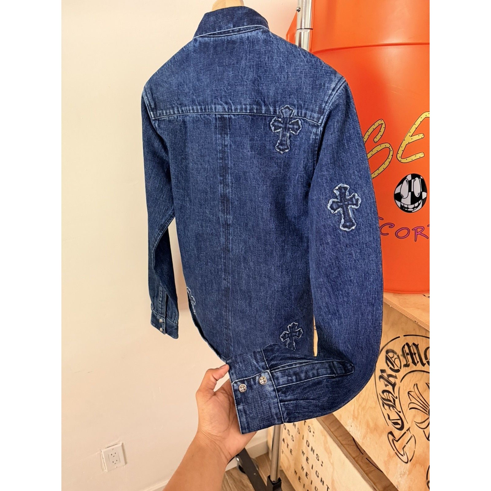 Chrome Heart Embroidered Denim Cross Patch Denim Button Up M