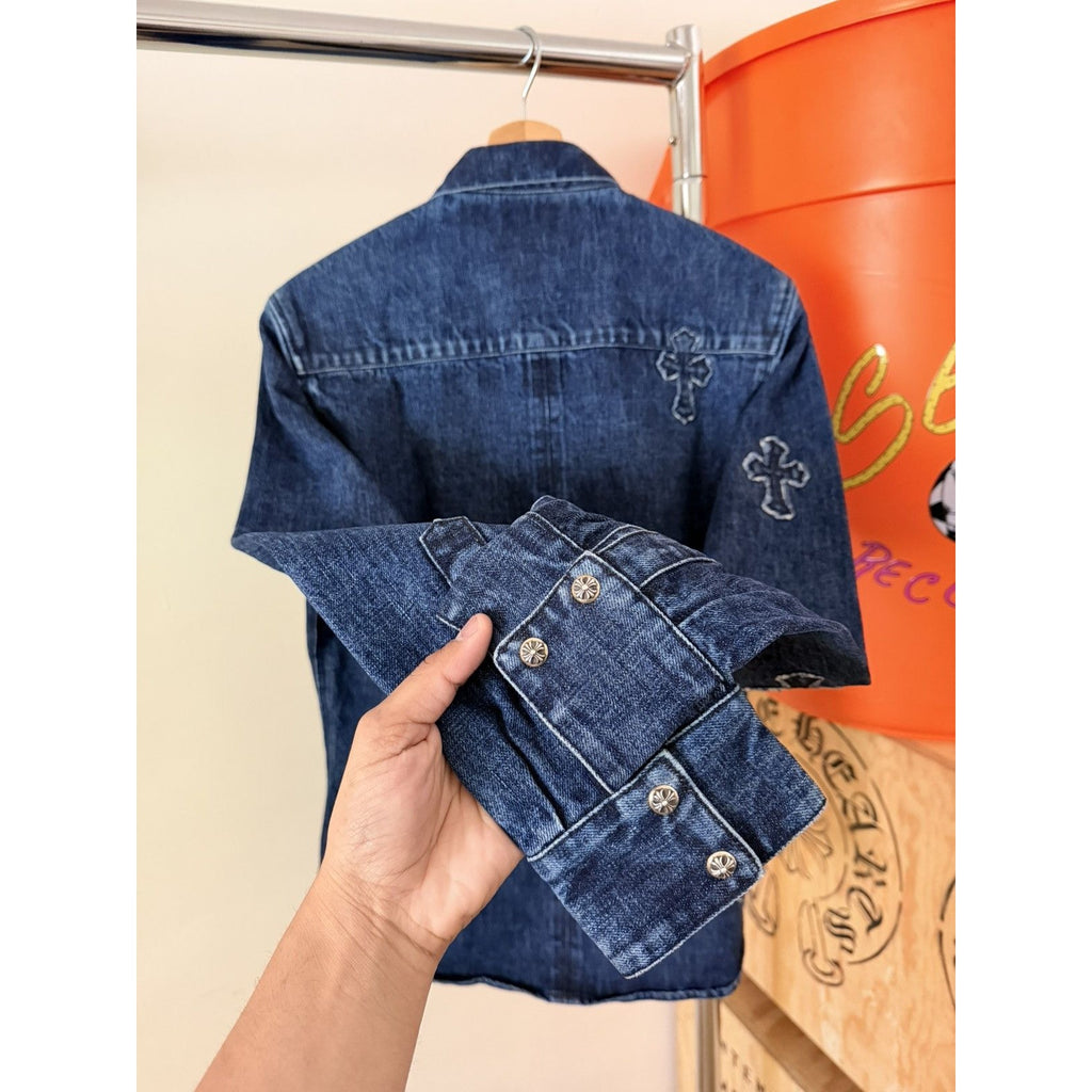 Chrome Heart Embroidered Denim Cross Patch Denim Button Up M